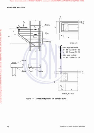 h
b
c
c
≥
c
≥
c
∅
c
∅
c
Tirante
Solda
Solda Solda
(Costura)
h
1
a1
a2
a
a0
a2
onde a2 ≥ c + ∅
onde a2 ≥
– para alça horizontal:
c + 3,5 ∅ para ∅ < 20
c + 5,0 ∅ para ∅ ≥ 20
– para alça vertical:
c + 4,0 ∅ para ∅ ≤ 16
Hd
Fd
2d
3
Rsd
Rs•cos
Figura 17 – Armadura típica de um consolo curto
48
ABNT NBR 9062:2017
© ABNT 2017 - Todos os direitos reservados
Arquivo
de
impressão
gerado
em
25/09/2017
09:29:37
de
uso
exclusivo
de
ALESSANDRA
LUCIANO
CARVALHO
[761.250.171-68] Arquivo de impressão gerado em 25/09/2017 09:29:37 de uso exclusivo de ALESSANDRA LUCIANO CARVALHO [761.250.171-68]
 