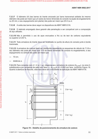 7.3.3.7 O diâmetro (Ø) das barras do tirante ancorado por barra transversal soldada de mesmo
diâmetro não pode ser maior que um sexto da menor dimensão do consolo na seção de engastamento
ou 25 mm, e seu espaçamento (em planta) não pode ser maior que 20 Ø ou d.
7.3.3.8 A solda das barras deve seguir os dispositivos da ABNT NBR 6118.
7.3.3.9 O eletrodo empregado deve garantir alta penetração e ser compatível com a composição
do aço utilizado.
7.3.3.10 Não é permitido o uso de aços encruados a frio ou de teor de carbono equivalente
ou superior a 0,55 %.
7.3.3.11 Toda armadura do tirante deve ser localizada no quinto da altura do consolo junto à borda
tracionada.
7.3.3.12 A armadura de costura deve ser distribuída respeitando os esquemas de cálculo de 7.3.6 e
seu diâmetro não pode ser maior que 1/15 da menor dimensão do consolo no engastamento, e seu
espaçamento na vertical não pode ser maior que:
—
— 10 cm;
—
— distância a.
7.3.3.13 Para consolos com d > 4 (a + ao), dispensa-se a armadura de costura (As,cost), na zona 2,
substituindo-a por armadura de pele com taxa ρ = As,mín/b d ≥ 0,002 por face, conforme Figura 19.
Quanto à abertura de fissuras, esta taxa deve ser a resultante da aplicação da ABNT NBR 6118.
1 2 (a + a0)
a
s,
cost
a
s,
mín
a0
Fsd
2 (a + a0)
2
3
a
d
Solda
Figura 19 – Detalhe de posicionamento de armadura de costura
51
ABNT NBR 9062:2017
© ABNT 2017 - Todos os direitos reservados
Arquivo
de
impressão
gerado
em
25/09/2017
09:29:37
de
uso
exclusivo
de
ALESSANDRA
LUCIANO
CARVALHO
[761.250.171-68] Arquivo de impressão gerado em 25/09/2017 09:29:37 de uso exclusivo de ALESSANDRA LUCIANO CARVALHO [761.250.171-68]
 