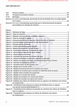 12.8 Produto acabado...............................................................................................................83
12.9 Transporte do produto acabado......................................................................................83
12.10 Montagem..........................................................................................................................83
Anexo A (informativo) Consideração aproximada da não linearidade física na análise global
de 2ª ordem........................................................................................................................85
Anexo B (informativo) Consideração aproximada para o dimensionamento de pilares
pré-moldados em situação de incêndio..........................................................................86
Figuras
Figura 1 – Definição de folga..............................................................................................................3
Figura 2 – Tipos de colarinho..............................................................................................................4
Figura 3 – Relação momento-rotação na ligação viga-pilar.............................................................9
Figura 4 – Fator de restrição à rotação..............................................................................................9
Figura 5 – Comprimento efetivo da viga para cálculo do fator de restrição................................10
Figura 6 – Excentricidades de desaprumo da estrutura montada................................................18
Figura 7 – Exemplo de laje confinada..............................................................................................21
Figura 8 – Limites para deslocamentos globais.............................................................................26
Figura 9 – Detalhe de cintamento no topo do pilar.........................................................................31
Figura 10 – Parâmetros referentes ao aparelho de apoio..............................................................37
Figura 11 – Dimensões do aparelho de apoio fretado....................................................................38
Figura 12 – Disposições construtivas..............................................................................................41
Figura 13 – Exemplos de emendas nas bordas das lajes..............................................................44
Figura 14 – Espessuras médias mínimas de capeamento das lajes.............................................45
Figura 15 – Seções nas juntas entre lajes com transmissão da força cortante..........................45
Figura 16 – Exemplo de ligações de pilares....................................................................................46
Figura 17 – Armadura típica de um consolo curto..........................................................................48
Figura 18 – Modelo para consolo curto............................................................................................49
Figura 19 – Detalhe de posicionamento de armadura de costura.................................................51
Figura 20 – Detalhes de armadura para consolos em diferentes tipos de peças........................52
Figura 21 – Detalhe sobre armadura de suspensão.......................................................................53
Figura 22 – Modelo em consolos tipo Gerber.................................................................................56
Figura 23 – Detalhe de armadura em consolo tipo Gerber............................................................57
Figura 24 – Detalhe de armadura em apoio sem recorte................................................................59
Figura 25 – Detalhes dos cálices de interfaces lisas ou rugosas e de interfaces com chaves
de cisalhamento................................................................................................................60
Figura 26 – Transferência dos esforços em cálices de interfaces lisas ou rugosas
com grande excentricidade Md/(Ndh) ≥ 2........................................................................61
Figura 27 – Transferência dos esforços nas paredes do colarinho dos cálices de interfaces
lisas ou rugosas................................................................................................................62
Figura 28 – Transferência dos esforços em cálices de interfaces com chaves
de cisalhamento................................................................................................................63
vi
ABNT NBR 9062:2017
© ABNT 2017 - Todos os direitos reservados
Arquivo
de
impressão
gerado
em
25/09/2017
09:29:37
de
uso
exclusivo
de
ALESSANDRA
LUCIANO
CARVALHO
[761.250.171-68] Arquivo de impressão gerado em 25/09/2017 09:29:37 de uso exclusivo de ALESSANDRA LUCIANO CARVALHO [761.250.171-68]
 