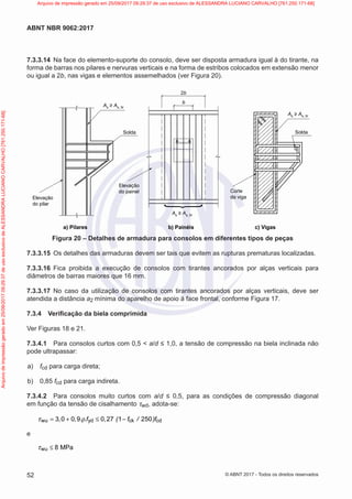 7.3.3.14 Na face do elemento-suporte do consolo, deve ser disposta armadura igual à do tirante, na
forma de barras nos pilares e nervuras verticais e na forma de estribos colocados em extensão menor
ou igual a 2b, nas vigas e elementos assemelhados (ver Figura 20).
Elevação
do pilar
Solda
As ≥ As, tir
As ≥ As, tir
As ≥ As, tir
2b
b
Elevação
do painel Corte
da viga
Solda
a) Pilares b) Painéis c) Vigas
Figura 20 – Detalhes de armadura para consolos em diferentes tipos de peças
7.3.3.15 Os detalhes das armaduras devem ser tais que evitem as rupturas prematuras localizadas.
7.3.3.16 Fica proibida a execução de consolos com tirantes ancorados por alças verticais para
diâmetros de barras maiores que 16 mm.
7.3.3.17 No caso da utilização de consolos com tirantes ancorados por alças verticais, deve ser
atendida a distância a2 mínima do aparelho de apoio à face frontal, conforme Figura 17.
7.3.4 Verificação da biela comprimida
Ver Figuras 18 e 21.
7.3.4.1 Para consolos curtos com 0,5 < a/d ≤ 1,0, a tensão de compressão na biela inclinada não
pode ultrapassar:
a) fcd para carga direta;
b) 0,85 fcd para carga indireta.
7.3.4.2 Para consolos muito curtos com a/d ≤ 0,5, para as condições de compressão diagonal
em função da tensão de cisalhamento τwd, adota-se:
wu yd ck cd
3 0 0 9 0 27 1 250
, , . .f , ( f / )f
= + ρ ≤ −
τ
e
wu 8 MPa
≤
τ
52
ABNT NBR 9062:2017
© ABNT 2017 - Todos os direitos reservados
Arquivo
de
impressão
gerado
em
25/09/2017
09:29:37
de
uso
exclusivo
de
ALESSANDRA
LUCIANO
CARVALHO
[761.250.171-68] Arquivo de impressão gerado em 25/09/2017 09:29:37 de uso exclusivo de ALESSANDRA LUCIANO CARVALHO [761.250.171-68]
 