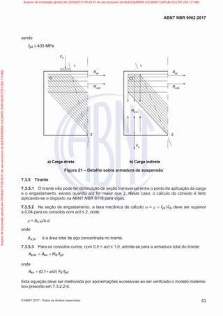 sendo
yd 435 MPa
f ≤
Fd
Rsd
1
2
a) Carga direta b) Carga indireta
1
2
Rcost
Rsd
Rcost
Rsus
Fd
Figura 21 – Detalhe sobre armadura de suspensão
7.3.5 Tirante
7.3.5.1 O tirante não pode ter diminuição de seção transversal entre o ponto de aplicação da carga
e o engastamento, exceto quando a/d for maior que 2. Neste caso, o cálculo do consolo é feito
aplicando-se o disposto na ABNT NBR 6118 para vigas.
7.3.5.2 Na seção de engastamento, a taxa mecânica de cálculo ω = ρ × fyk/fck deve ser superior
a 0,04 para os consolos com a/d ≤ 2, onde:
ρ = As,tir/b.d
onde
As,tir é a área total de aço concentrada no tirante.
7.3.5.3 Para os consolos curtos, com 0,5 < a/d ≤ 1,0, admite-se para a armadura total do tirante:
s,tir sv d yd
/
A A H f
= +
onde
sv d yd
(0,1 / ) /
A a d F f
= +
Esta equação deve ser melhorada por aproximações sucessivas ao ser verificado o modelo matemá-
tico prescrito em 7.3.2.2-b.
53
ABNT NBR 9062:2017
© ABNT 2017 - Todos os direitos reservados
Arquivo
de
impressão
gerado
em
25/09/2017
09:29:37
de
uso
exclusivo
de
ALESSANDRA
LUCIANO
CARVALHO
[761.250.171-68] Arquivo de impressão gerado em 25/09/2017 09:29:37 de uso exclusivo de ALESSANDRA LUCIANO CARVALHO [761.250.171-68]
 