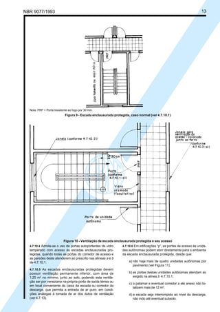 NBR 9077/1993 13
Nota: PRF = Porta resistente ao fogo por 30 min.
Figura 9 - Escada enclausurada protegida, caso normal (ver 4.7.10.1)
Figura 10 - Ventilação de escada enclausurada protegida e seu acesso
4.7.10.4 Admite-se o uso de portas autoportantes de vidro
temperado com acesso às escadas enclausuradas pro-
tegidas, quando todas as portas do corredor de acesso e
as paredes deste atenderem ao prescrito nas alíneas a e b
de 4.7.10.1.
4.7.10.5 As escadas enclausuradas protegidas devem
possuir ventilação permanente inferior, com área de
1,20 m2
no mínimo, junto ao solo, podendo esta ventila-
ção ser por veneziana na própria porta de saída térrea ou
em local conveniente da caixa da escada ou corredor da
descarga, que permita a entrada de ar puro, em condi-
ções análogas à tomada de ar dos dutos de ventilação
(ver 4.7.13).
4.7.10.6 Em edificações “p”, as portas de acesso às unida-
des autônomas podem abrir diretamente para o ambiente
da escada enclausurada protegida, desde que:
a) não haja mais de quatro unidades autônomas por
pavimento (ver Figura 11);
b) as portas destas unidades autônomas atendam ao
exigido na alínea b 4.7.10.1;
c) o patamar e eventual corredor a ele anexo não to-
talizem mais de 12 m2
;
d) a escada seja interrompida ao nível da descarga,
não indo até eventual subsolo.
Licença de uso exclusivo para ABC
Cópia impressa pelo sistema CENWin em 27/12/2001
 