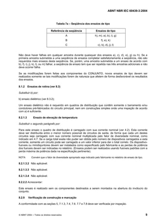 ABNT NBR IEC 60439-3:2004
© ABNT 2004 Todos os direitos reservados 9
Tabela 7a – Seqüência dos ensaios de tipo
Referência da seqüência Ensaios de tipo
A
B
C
h), m), a), b), i), g)
f), e), k)
c), b), d), j), l)
Não deve haver falhas em qualquer amostra durante quaisquer dos ensaios a), c), d), e), g) ou h). Se a
primeira amostra submetida a uma seqüência de ensaios completar satisfatoriamente a seqüência, não são
requeridos mais ensaios desta seqüência. Se, porém, uma amostra submetida a um ensaio de acordo com
b), f), i), j), k), l), ou m) falhar, a seqüência de ensaio tem que ser repetida nas três amostras adicionais e não
deve ocorrer falha.
Se as modificações forem feitas aos componentes do CONJUNTO, novos ensaios de tipo devem ser
realizados somente se tais modificações forem de natureza que afetem de forma desfavorável os resultados
dos ensaios.
8.1.2 Ensaios de rotina (ver 8.3)
Substituir b) por:
b) ensaio dielétrico (ver 8.3.2);
Um ensaio dielétrico não é requerido em quadros de distribuição que contêm somente o barramento e/ou
condutores pré-fabricados do circuito principal, nem em construções simples onde uma inspeção de acordo
com a) é suficiente.
8.2.1.3 Ensaio de elevação de temperatura
Substituir o segundo parágrafo por:
Para este ensaio o quadro de distribuição é carregado com sua corrente nominal (ver 4.2). Esta corrente
deve ser distribuída entre o menor número possível de circuitos de saída, de forma que cada um destes
circuitos seja carregado com sua corrente nominal multiplicada pelo fator de diversidade nominal, como
indicado em 4.7. Se a carga total exata não puder ser obtida pelo número de dispositivos carregados a esta
corrente, somente um circuito pode ser carregado a um valor inferior para dar o total correto. Os dispositivo-
fusíveis ou minidisjuntores devem ser instalados como especificado pelo fabricante e as perdas de potência
dos fusíveis devem ser indicadas no relatório. (Ensaios podem ser realizados usando fusíveis padrões com a
perda máxima de potência dada na especificação pertinente).
NOTA Convém que o fator de diversidade apropriado seja indicado pelo fabricante no relatório de ensaio de tipo.
8.2.1.3.2 Não aplicável.
8.2.1.3.3 Não aplicável.
8.2.1.3.4 Não aplicável.
8.2.2.2 Acrescentar:
Este ensaio é realizado sem os componentes destinados a serem montados na abertura do invólucro do
conjunto.
8.2.9 Verificação de construção e marcação
A conformidade com as seções 5, 7.1.3, 7.4, 7.6. 7.7 e 7.8 deve ser verificada por inspeção.
 