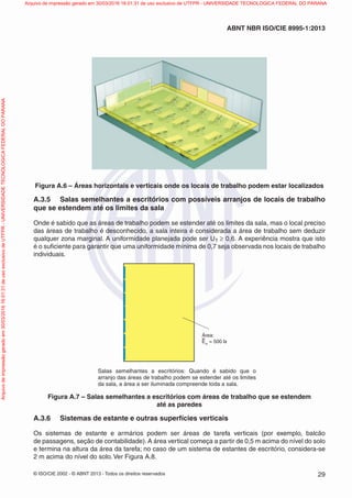 © ISO/CIE 2002 - © ABNT 2013 - Todos os direitos reservados 29
ABNT NBR ISO/CIE 8995-1:2013
Figura A.6 – Áreas horizontais e verticais onde os locais de trabalho podem estar localizados
A.3.5 Salas semelhantes a escritórios com possíveis arranjos de locais de trabalho
que se estendem até os limites da sala
Onde é sabido que as áreas de trabalho podem se estender até os limites da sala, mas o local preciso
das áreas de trabalho é desconhecido, a sala inteira é considerada a área de trabalho sem deduzir
qualquer zona marginal. A uniformidade planejada pode ser U1 ≥ 0,6. A experiência mostra que isto
é o suﬁciente para garantir que uma uniformidade mínima de 0,7 seja observada nos locais de trabalho
individuais.
Salas semelhantes a escritórios: Quando é sabido que o
arranjo das áreas de trabalho podem se estender até os limites
da sala, a área a ser iluminada compreende toda a sala.
Área:
Em
= 500 lx
Figura A.7 – Salas semelhantes a escritórios com áreas de trabalho que se estendem
até as paredes
A.3.6 Sistemas de estante e outras superfícies verticais
Os sistemas de estante e armários podem ser áreas de tarefa verticais (por exemplo, balcão
de passagens, seção de contabilidade). A área vertical começa a partir de 0,5 m acima do nível do solo
e termina na altura da área da tarefa; no caso de um sistema de estantes de escritório, considera-se
2 m acima do nível do solo. Ver Figura A.8.
Arquivodeimpressãogeradoem30/03/201616:01:31deusoexclusivodeUTFPR-UNIVERSIDADETECNOLOGICAFEDERALDOPARANA Arquivo de impressão gerado em 30/03/2016 16:01:31 de uso exclusivo de UTFPR - UNIVERSIDADE TECNOLOGICA FEDERAL DO PARANA
 