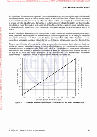 © ISO/CIE 2002 - © ABNT 2013 - Todos os direitos reservados 33
ABNT NBR ISO/CIE 8995-1:2013
As superfícies de referência retangulares são subdivididas em pequenos retângulos, aproximadamente
quadrados, com os pontos de cálculo em seu centro. A média aritmética de todos os pontos de cálculo
é a iluminância média. Quando a superfície de referência tem uma relação do comprimento versus
a largura entre 0,5 e 2, o tamanho da malha p e, portanto, o número de pontos podem ser determinados
com base na maior dimensão d da área de referência. Recomenda-se que, em todos os outros casos,
a menor dimensão seja tomada como base para o estabelecimento do espaçamento entre pontos da
malha.
Para as superfícies de referência não retangulares, ou seja, superfícies limitadas por polígonos irregu-
lares, o tamanho da malha pode ser determinado de forma análoga através de um retângulo adequado
circunscrito e dimensionado. Os meios aritméticos e as uniformidades são então estabelecidos consi-
derando-se apenas os pontos de cálculo dentro dos limites dos polígonos da superfície de referência.
Para as superfícies de referência do tipo faixa, que normalmente resultam das imediações das áreas
avaliadas, convém que seja considerada a dimensão da faixa em seu ponto mais largo como base,
para determinar o tamanho da malha. No entanto, não é recomendado que o tamanho da malha assim
estabelecido seja superior à metade da dimensão da faixa em seu ponto mais estreito, se este for
de 0,5 m ou mais. Os meios aritméticos e as uniformidades são determinados novamente
considerando-se apenas os pontos de cálculo dentro da faixa. Ver Figura B.1.
10
10 20 30 50 100 200
5
5
3
3
2
2
1
0,5
0,5
0,3
0,2
1
Tamanhodagradep(m)
Dimensão do plano de referência d (m)
Númerosdepontodecálculon
24
20
18
16
14
12
10
9
8
7
6
5
4
Figura B.1 – Tamanho da malha em função das dimensões do plano de referência
Arquivodeimpressãogeradoem30/03/201616:01:31deusoexclusivodeUTFPR-UNIVERSIDADETECNOLOGICAFEDERALDOPARANA Arquivo de impressão gerado em 30/03/2016 16:01:31 de uso exclusivo de UTFPR - UNIVERSIDADE TECNOLOGICA FEDERAL DO PARANA
 