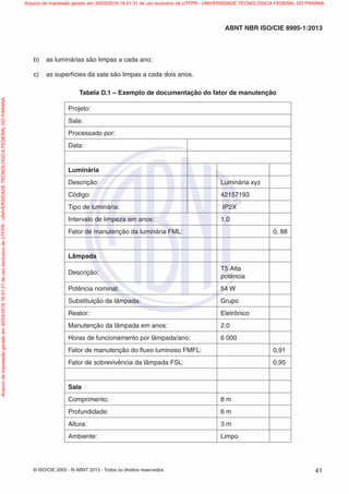 © ISO/CIE 2002 - © ABNT 2013 - Todos os direitos reservados 41
ABNT NBR ISO/CIE 8995-1:2013
b) as luminárias são limpas a cada ano;
c) as superfícies da sala são limpas a cada dois anos.
Tabela D.1 – Exemplo de documentação do fator de manutenção
Projeto:
Sala:
Processado por:
Data:
Luminária
Descrição: Luminária xyz
Código: 42157193
Tipo de luminária: IP2X
Intervalo de limpeza em anos: 1,0
Fator de manutenção da luminária FML: 0, 88
Lâmpada
Descrição:
T5 Alta
potência
Potência nominal: 54 W
Substituição da lâmpada: Grupo
Reator: Eletrônico
Manutenção da lâmpada em anos: 2.0
Horas de funcionamento por lâmpada/ano: 6 000
Fator de manutenção do ﬂuxo luminoso FMFL: 0,91
Fator de sobrevivência da lâmpada FSL: 0,95
Sala
Comprimento: 8 m
Profundidade: 6 m
Altura: 3 m
Ambiente: Limpo
Arquivodeimpressãogeradoem30/03/201616:01:31deusoexclusivodeUTFPR-UNIVERSIDADETECNOLOGICAFEDERALDOPARANA Arquivo de impressão gerado em 30/03/2016 16:01:31 de uso exclusivo de UTFPR - UNIVERSIDADE TECNOLOGICA FEDERAL DO PARANA
 