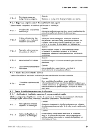 ABNT NBR ISO/IEC 27001:2006
©ABNT 2006 - Todos os direitos reservados 27
A.12.4.3
Controle de acesso ao
código- fonte de programa
Controle
O acesso ao código-fonte de programa deve ser restrito.
A.12.5 Segurança em processos de desenvolvimento e de suporte
Objetivo: Manter a segurança de sistemas aplicativos e da informação.
A.12.5.1
Procedimentos para controle
de mudanças
Controle
A implementação de mudanças deve ser controlada utilizando
procedimentos formais de controle de mudanças.
A.12.5.2
Análise crítica técnica das
aplicações após mudanças
no sistema operacional
Controle
Aplicações críticas de negócios devem ser analisadas
criticamente e testadas quando sistemas operacionais são
mudados, para garantir que não haverá nenhum impacto
adverso na operação da organização ou na segurança.
A.12.5.3
Restrições sobre mudanças
em pacotes de software
Controle
Modificações em pacotes de software não devem ser
incentivadas e devem estar limitadas às mudanças
necessárias, e todas as mudanças devem ser estritamente
controladas.
A.12.5.4 Vazamento de informações
Controle
Oportunidades para vazamento de informações devem ser
prevenidas.
A.12.5.5
Desenvolvimento terceirizado
de software
Controle
A organização deve supervisionar e monitorar o
desenvolvimento terceirizado de software.
A.12.6 Gestão de vulnerabilidades técnicas
Objetivo: Reduzir riscos resultantes da exploração de vulnerabilidades técnicas conhecidas.
A.12.6.1
Controle de vulnerabilidades
técnicas
Controle
Deve ser obtida informação em tempo hábil sobre
vulnerabilidades técnicas dos sistemas de informação em uso,
avaliada a exposição da organização a estas vulnerabilidades e
tomadas as medidas apropriadas para lidar com os riscos
associados.
A.13 Gestão de incidentes de segurança da informação
A.13.1 Notificação de fragilidades e eventos de segurança da informação
Objetivo: Assegurar que fragilidades e eventos de segurança da informação associados com sistemas de
informação sejam comunicados, permitindo a tomada de ação corretiva em tempo hábil.
A.13.1.1
Notificação de eventos de
segurança da informação
Controle
Os eventos de segurança da informação devem ser relatados
através dos canais apropriados da direção, o mais rapidamente
possível.
A.13.1.2
Notificando fragilidades de
segurança da informação
Controle
Os funcionários, fornecedores e terceiros de sistemas e
serviços de informação devem ser instruídos a registrar e
notificar qualquer observação ou suspeita de fragilidade em
sistemas ou serviços.
Cópia não autorizada
 