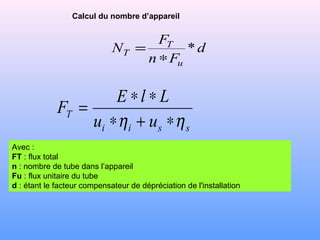Calcul du nombre d’appareil
d
Fn
F
N
u
T
T *
∗
=
Avec :
FT : flux total
n : nombre de tube dans l’appareil
Fu : flux unitaire du tube
d : étant le facteur compensateur de dépréciation de l'installation
ssii
T
uu
LlE
F
ηη ∗+∗
∗∗
=
 
