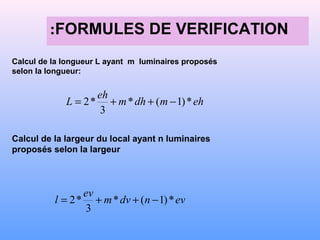 FORMULES DE VERIFICATION:
ehmdhm
eh
L *)1(*
3
*2 −++=
Calcul de la largeur du local ayant n luminaires
proposés selon la largeur
evndvm
ev
l *)1(*
3
*2 −++=
Calcul de la longueur L ayant m luminaires proposés
selon la longueur:
 