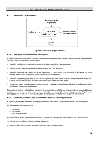 OHSAS 18001: 1999 - TRADUÇÃO PARA FINS DE TREINAMENTO



4.5         Verificação e ação corretiva

                                                    Implementação
                                                      e operação



                                                  Verificação e              monitoramento
                               Auditoria
                                                 Ação corretiva              de performance



                                                        Análise
                                                        Crítica


                                      Figura 5 - Verificação e ação corretiva

4.5.1       Medição e monitoramento do desempenho

A organização deve estabelecer e manter procedimentos para monitorar e medir, periodicamente, o desempenho
da SSO. Estes procedimentos devem incluir:

−     medidas qualitativas e quantitativas apropriadas às necessidades da organização;

−     monitoramento da extensão na qual os objetivos da SSO são atingidos;

−      medidas pró-ativas de desempenho que monitorem o cumprimento dos programa(s) de gestão da SSO,
      critérios operacionais e requisitos legais e regulamentares aplicáveis;

−      medidas reativas de desempenho que monitorem acidentes, doenças, incidentes (incluindo quase - acidentes)
      e outras evidências históricas de desempenho deficiente da segurança e saúde;

−      registro de dados e resultados de monitoramentos e medições suficientes para facilitar a análises das ações
      corretivas e preventivas necessárias.

Caso seja necessária a utilização de equipamentos para realizar medições e monitoramentos, a organização deve
estabelecer e manter procedimentos para a calibração e manutenção de tais equipamentos. Registros de
calibração e das atividades de manutenção, bem como dos respectivos resultados, devem ser mantidos.

4.5.2       Acidentes, incidentes, não conformidades e ações corretiva e preventiva

A organização deve estabelecer e manter procedimentos para definir a responsabilidade e a autoridade para:

a) o tratamento e investigação de:

      −   acidentes;
      −   incidentes;
      −   não conformidades;

a) a tomada de ações que mitiguem qualquer conseqüência de acidentes, incidentes ou não conformidades;

b) o início e conclusão de ações corretiva e preventiva;

c) a confirmação da efetividade das ações corretiva e preventiva tomadas.



                                                                                                               12
 
