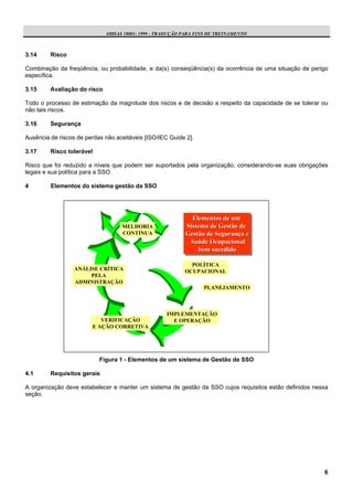 OHSAS 18001: 1999 - TRADUÇÃO PARA FINS DE TREINAMENTO



3.14     Risco

Combinação da freqüência, ou probabilidade, e da(s) conseqüência(s) da ocorrência de uma situação de perigo
específica.

3.15     Avaliação do risco

Todo o processo de estimação da magnitude dos riscos e de decisão a respeito da capacidade de se tolerar ou
não tais riscos.

3.16     Segurança

Ausência de riscos de perdas não aceitáveis [ISO/IEC Guide 2].

3.17     Risco tolerável

Risco que foi reduzido a níveis que podem ser suportados pela organização, considerando-se suas obrigações
legais e sua política para a SSO.

4        Elementos do sistema gestão da SSO




                                                             Elementos de um
                                                              Elementos de um
                                   MELHORIA                Sistema de Gestão de
                                                            Sistema de Gestão de
                                   CONTÍNUA                Gestão de Segurança ee
                                                           Gestão de Segurança
                                                             Saúde Ocupacional
                                                             Saúde Ocupacional
                                                                bem sucedido
                                                                bem sucedido

                                                             POLÍTICA
                 ANÁLISE CRÍTICA                           OCUPACIONAL
                      PELA
                 ADMINISTRAÇÃO
                                                                  PLANEJAMENTO



                                                    IMPLEMENTAÇÃO
                           VERIFICAÇÃO                E OPERAÇÃO
                        E AÇÃO CORRETIVA




                           Figura 1 - Elementos de um sistema de Gestão de SSO

4.1      Requisitos gerais

A organização deve estabelecer e manter um sistema de gestão da SSO cujos requisitos estão definidos nessa
seção.




                                                                                                         6
 