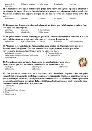 a) ampola de
Lorenzini.
b) bexiga natatória. c) linha lateral. d) nadadeira. e) brânq
25. A reprodução dos peixes varia de um grupo para outro. Em alguns, é possível observar o
surgimento de larvas (desenvolvimento indireto) e, em outros, não (desenvolvimento direto).
Analise as alternativas a seguir e marque o nome dado à forma que sucede a fase larval dos
peixes:
a) Trocófora. b) Girino. c) Alevino. d) Lagarta. e) Ninfa.
26. Os cardumes deslocam-se sincronizadamente na água, sem colisões entre os peixes. Esse
fato deve-se à presença de:
a) cóclea.
b) glândulas
mucosas.
c) opérculo.
d) fosseta loreal.
e) linha lateral.
27. Os peixes ósseos, como o nome sugere, possuem seu esqueleto formado por ossos. Entre os
peixes abaixo, marque o único que não pode receber essa denominação.
a) Sardinha. b) Cavalo-marinho. c) Salmão. d) Tubarão. e) Peixe-palhaço.
28. Algumas características são fundamentais para ajudar na diferenciação de um peixe
ósseo de um cartilaginoso. Entre as alternativas a seguir, marque aquela que indica
corretamente uma característica presente em um peixe ósseo.
a) Brânquias expostas.
b) Escamas de origem dérmica e epidérmica.
c) Boca ventral.
d) Fecundação interna.
e) Bexiga natatória.
29. Nos peixes ósseos, as fendas branquiais são recobertas por uma placa
característica que está localizada lateralmente e é denominada de:
a) Clásper.
b) Opérculo.
c) Brânquias.
d) Esterno.
e) Escamas.
30. Um grupo de estudantes, ao excursionar pela Amazônia, deparou com um peixe
(piramboia) praticamente imobilizado numa área lamacenta. Curiosos, aproximaram-se e
perceberam que, embora as condições fossem bastante adversas, o animal, mesmo que muito
lentamente, continuava a respirar. Tal possibilidade, eles investigaram posteriormente, deve-
se nesses animais (dipnoicos) à presença de:
a) Linha lateral.
b) Urópode.
c) Bexiga natatória e pulmões
d) Telso.
e) Válvula espiral.
 