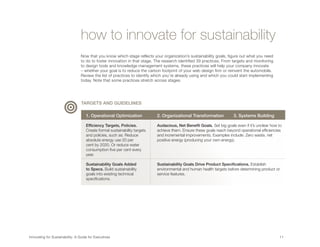 how to innovate for sustainability
                                  Now that you know which stage reflects your organization’s sustainability goals, figure out what you need
                                  to do to foster innovation in that stage. The research identified 39 practices. From targets and monitoring
                                  to design tools and knowledge management systems, these practices will help your company innovate
                                  – whether your goal is to reduce the carbon footprint of your web design firm or reinvent the automobile.
                                  Review the list of practices to identify which you’re already using and which you could start implementing
                                  today. Note that some practices stretch across stages.




                                  TARGETS AND GUIDELINES

                                     1. Operational Optimization            2. Organizational Transformation	          3. Systems Building

                                     Efficiency Targets, Policies.          Audacious, Net Benefit Goals. Set big goals even if it’s unclear how to
                                     Create formal sustainability targets   achieve them. Ensure these goals reach beyond operational efficiencies
                                     and policies, such as: Reduce          and incremental improvements. Examples include: Zero waste, net
                                     absolute energy use 20 per             positive energy (producing your own energy).
                                     cent by 2020. Or reduce water
                                     consumption five per cent every
                                     year.

                                     Sustainability Goals Added             Sustainability Goals Drive Product Specifications. Establish
                                     to Specs. Build sustainability         environmental and human health targets before determining product or
                                     goals into existing technical          service features.
                                     specifications.




Innovating for Sustainability: A Guide for Executives	                                                                                           11	
 