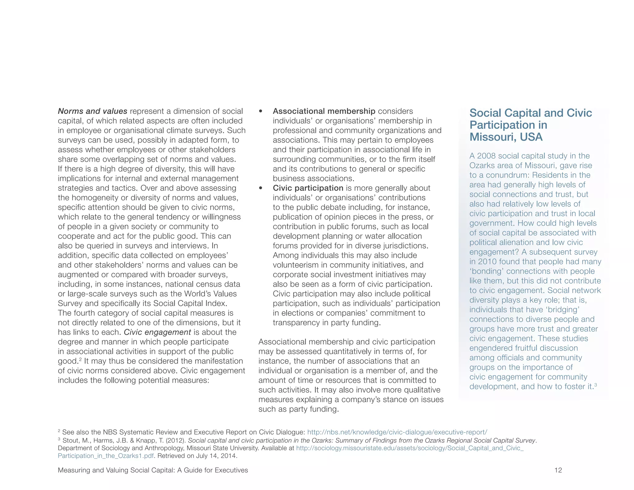 Measuring and Valuing Social Capital: A Guide for Executives	 12	
Norms and values represent a dimension of social
capital, of which related aspects are often included
in employee or organisational climate surveys. Such
surveys can be used, possibly in adapted form, to
assess whether employees or other stakeholders
share some overlapping set of norms and values.
If there is a high degree of diversity, this will have
implications for internal and external management
strategies and tactics. Over and above assessing
the homogeneity or diversity of norms and values,
specific attention should be given to civic norms,
which relate to the general tendency or willingness
of people in a given society or community to
cooperate and act for the public good. This can
also be queried in surveys and interviews. In
addition, specific data collected on employees’
and other stakeholders’ norms and values can be
augmented or compared with broader surveys,
including, in some instances, national census data
or large-scale surveys such as the World’s Values
Survey and specifically its Social Capital Index.
The fourth category of social capital measures is
not directly related to one of the dimensions, but it
has links to each. Civic engagement is about the
degree and manner in which people participate
in associational activities in support of the public
good.2
It may thus be considered the manifestation
of civic norms considered above. Civic engagement
includes the following potential measures:
•	 Associational membership considers
individuals’ or organisations’ membership in
professional and community organizations and
associations. This may pertain to employees
and their participation in associational life in
surrounding communities, or to the firm itself
and its contributions to general or specific
business associations.
•	 Civic participation is more generally about
individuals’ or organisations’ contributions
to the public debate including, for instance,
publication of opinion pieces in the press, or
contribution in public forums, such as local
development planning or water allocation
forums provided for in diverse jurisdictions.
Among individuals this may also include
volunteerism in community initiatives, and
corporate social investment initiatives may
also be seen as a form of civic participation.
Civic participation may also include political
participation, such as individuals’ participation
in elections or companies’ commitment to
transparency in party funding.
Associational membership and civic participation
may be assessed quantitatively in terms of, for
instance, the number of associations that an
individual or organisation is a member of, and the
amount of time or resources that is committed to
such activities. It may also involve more qualitative
measures explaining a company’s stance on issues
such as party funding.
2
See also the NBS Systematic Review and Executive Report on Civic Dialogue: http://nbs.net/knowledge/civic-dialogue/executive-report/
3
Stout, M., Harms, J.B. & Knapp, T. (2012). Social capital and civic participation in the Ozarks: Summary of Findings from the Ozarks Regional Social Capital Survey.
Department of Sociology and Anthropology, Missouri State University. Available at http://sociology.missouristate.edu/assets/sociology/Social_Capital_and_Civic_
Participation_in_the_Ozarks1.pdf. Retrieved on July 14, 2014.
	
A 2008 social capital study in the
Ozarks area of Missouri, gave rise
to a conundrum: Residents in the
area had generally high levels of
social connections and trust, but
also had relatively low levels of
civic participation and trust in local
government. How could high levels
of social capital be associated with
political alienation and low civic
engagement? A subsequent survey
in 2010 found that people had many
‘bonding’ connections with people
like them, but this did not contribute
to civic engagement. Social network
diversity plays a key role; that is,
individuals that have ‘bridging’
connections to diverse people and
groups have more trust and greater
civic engagement. These studies
engendered fruitful discussion
among officials and community
groups on the importance of
civic engagement for community
development, and how to foster it.3
Social Capital and Civic
Participation in
Missouri, USA
 