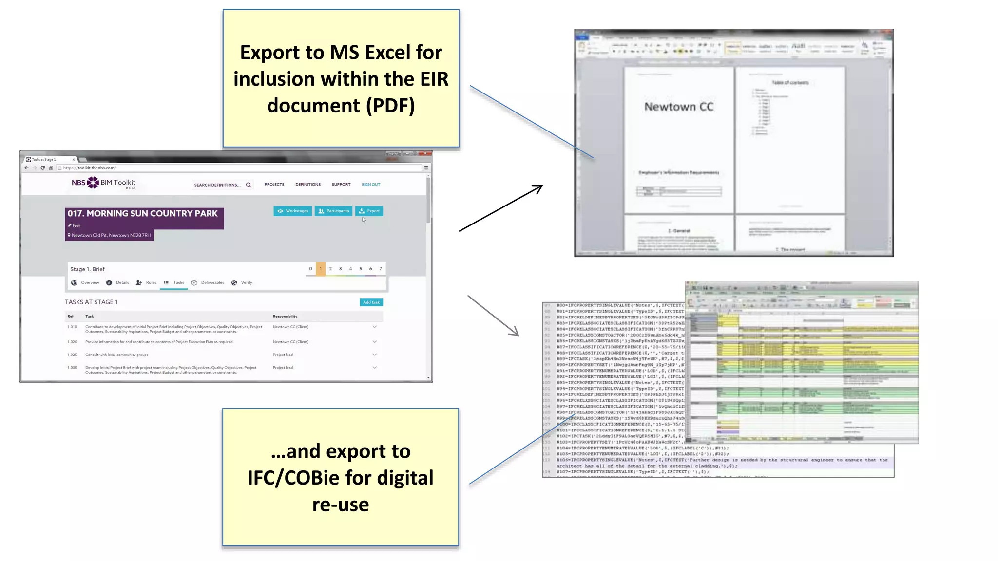 Export to MS Excel for
inclusion within the EIR
document (PDF)
…and export to
IFC/COBie for digital
re-use
 