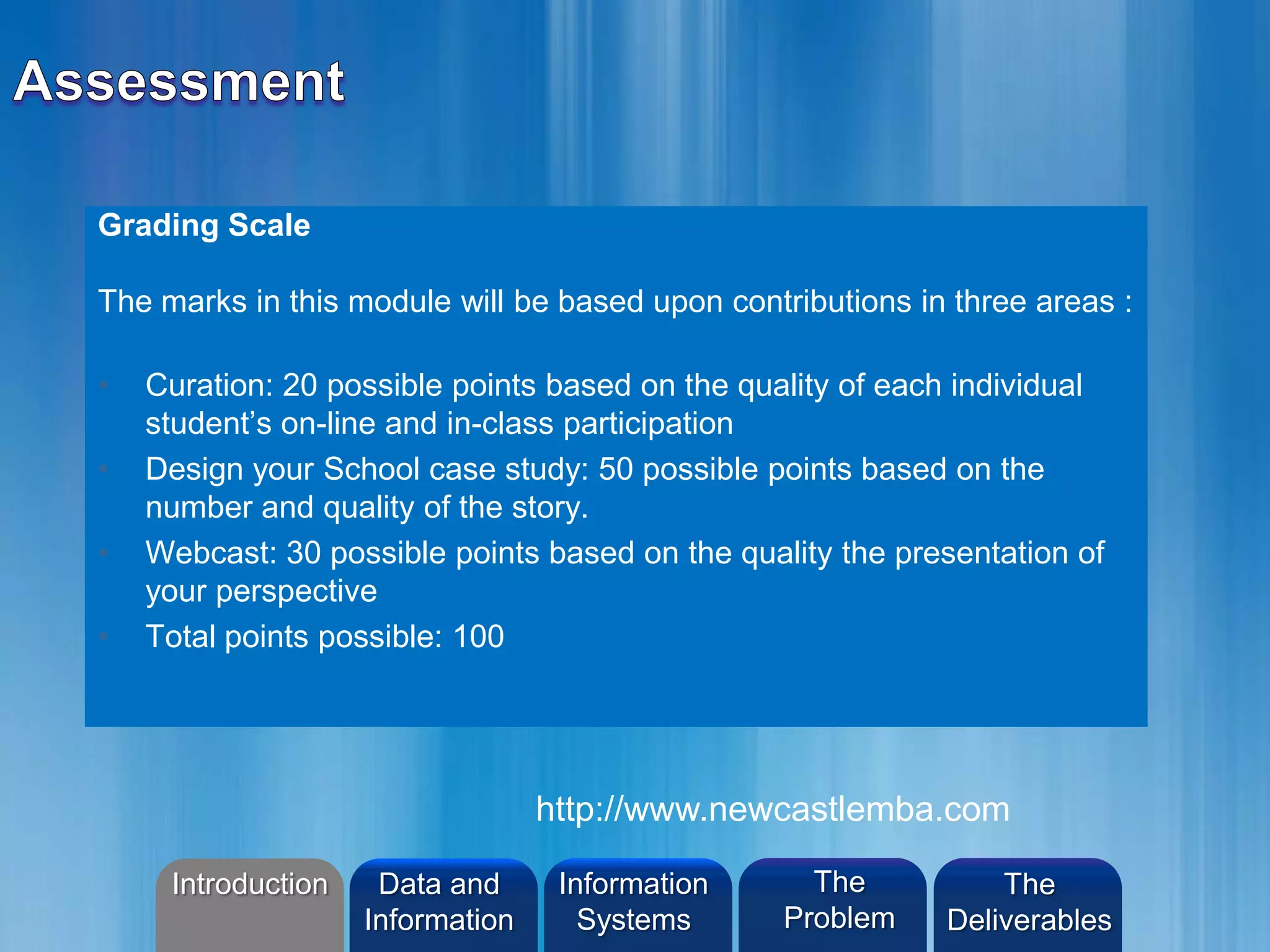 Grading Scale
The marks in this module will be based upon contributions in three areas :
• Curation: 20 possible points based on the quality of each individual
student’s on-line and in-class participation
• Design your School case study: 50 possible points based on the
number and quality of the story.
• Webcast: 30 possible points based on the quality the presentation of
your perspective
• Total points possible: 100
http://www.newcastlemba.com
Introduction Information
Systems
The
Problem
Data and
Information
The
Deliverables
 