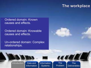 • Ordered domain: Known
causes and effects.
• Ordered domain: Knowable
causes and effects.
• Un-ordered domain: Complex
relationships.
Introduction Information
Systems
The
Problem
Data and
Information
The
Deliverables
 