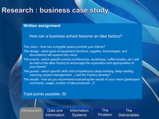Written assignment
• How can a business school become an idea factory?
•
The vision - how can a phygital space promote your theme?
The design - what types of equipment (furniture, supplies, technologies, and
decorations) will support this vision.
The events - which specific events (conferences, workshops, coffee breaks, etc.) will
be held in the Idea Factory to encourage the exploration and appropriation of
your theme?
The guests - which specific skills and competences (deep thinking, deep reading,
visioning, project management....) will the Factory develop?
The results - how do you recommend evaluating the results of your vision (participant
comments, usage, number of ides produced...)?
Total points possible: 50
Introduction Information
Systems
The
Problem
Data and
Information
The
Deliverables
 