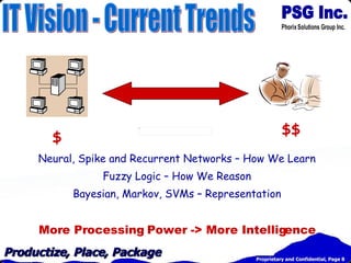 $ $$ Neural, Spike and Recurrent Networks – How We Learn Fuzzy Logic – How We Reason Bayesian, Markov, SVMs – Representation More Processing Power -> More Intelligence IT Vision - Current Trends 