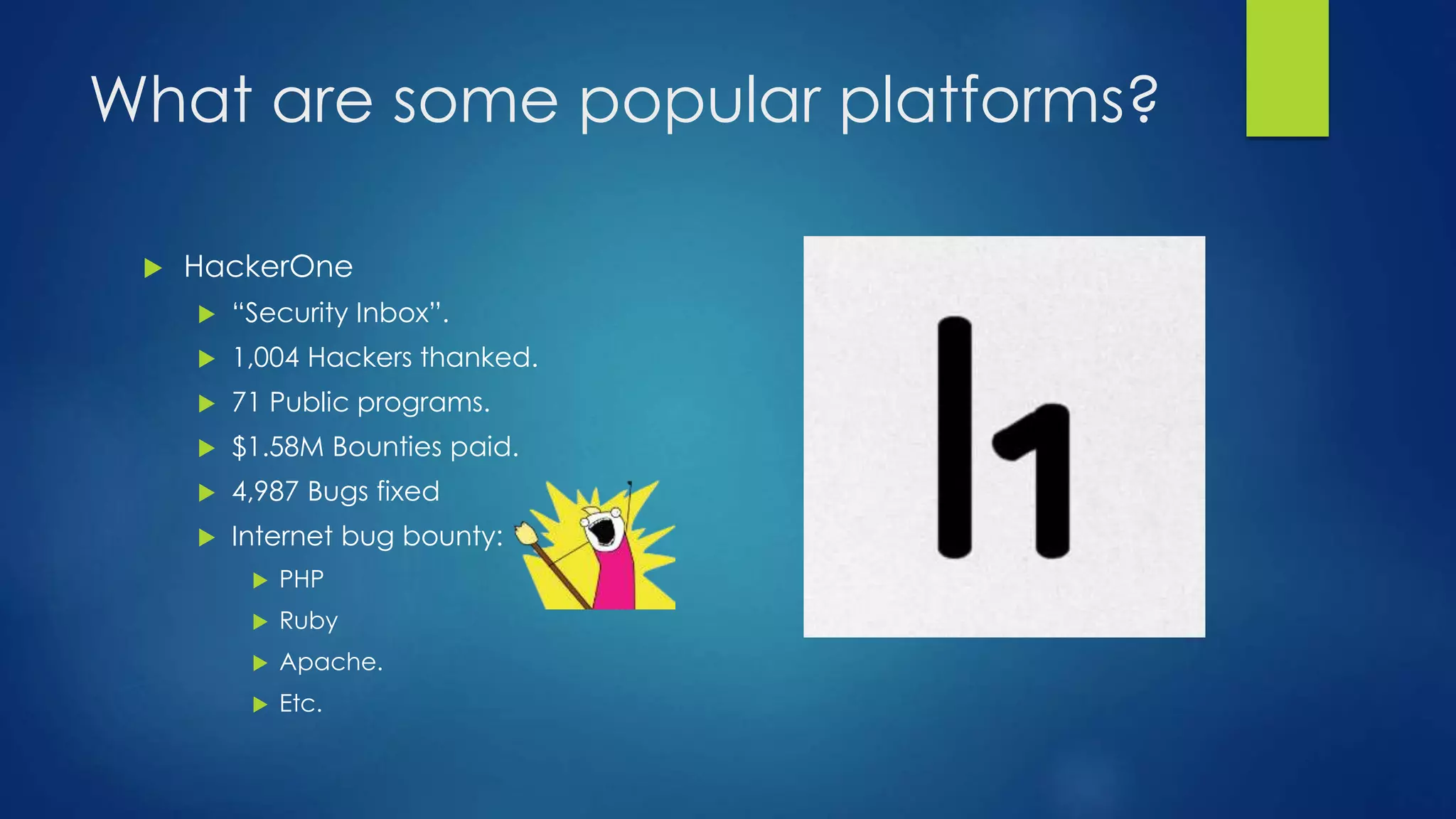What are some popular platforms? 
 HackerOne 
 “Security Inbox”. 
 1,004 Hackers thanked. 
 71 Public programs. 
 $1.58M Bounties paid. 
 4,987 Bugs fixed 
 Internet bug bounty: 
 PHP 
 Ruby 
 Apache. 
 Etc. 
 