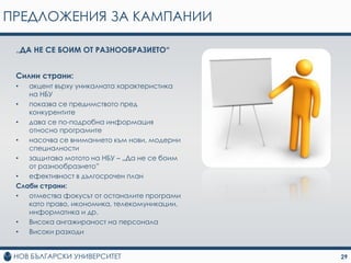 ПРЕДЛОЖЕНИЯ ЗА КАМПАНИИ

 „ДА НЕ СЕ БОИМ ОТ РАЗНООБРАЗИЕТО“


 Силни страни:
 •  акцент върху уникалната характеристика
    на НБУ
 •  показва се предимството пред
    конкурентите
 •  дава се по-подробна информация
    относно програмите
 •  насочва се вниманието към нови, модерни
    специалности
 •  защитава мотото на НБУ – „Да не се боим
    от разнообразието”
 •  ефективност в дългосрочен план
 Слаби страни:
 •  отмества фокусът от останалите програми
    като право, икономика, телекомуникации,
    информатика и др.
 •  Висока ангажираност на персонала
 •  Високи разходи


                                              29
 