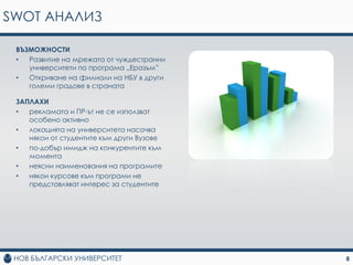SWOT АНАЛИЗ

 ВЪЗМОЖНОСТИ
 •  Развитие на мрежата от чуждестранни
    университети по програма „Еразъм”
 •  Откриване на филиали на НБУ в други
    големи градове в страната

 ЗАПЛАХИ
 •  рекламата и ПР-ът не се използват
    особено активно
 •  локацията на университета насочва
    някои от студентите към други Вузове
 •  по-добър имидж на конкурентите към
    момента
 •  неясни наименования на програмите
 •  някои курсове към програми не
    представляват интерес за студентите




                                           8
 