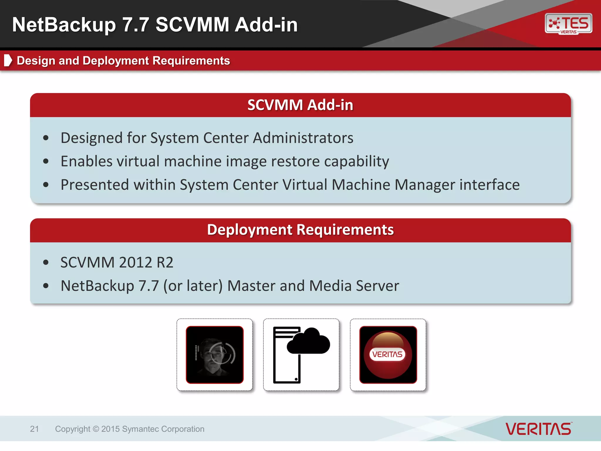 Copyright © 2015 Symantec Corporation21
SCVMM Add-in
• Designed for System Center Administrators
• Enables virtual machine image restore capability
• Presented within System Center Virtual Machine Manager interface
Deployment Requirements
• SCVMM 2012 R2
• NetBackup 7.7 (or later) Master and Media Server
NetBackup 7.7 SCVMM Add-in
Design and Deployment Requirements
 