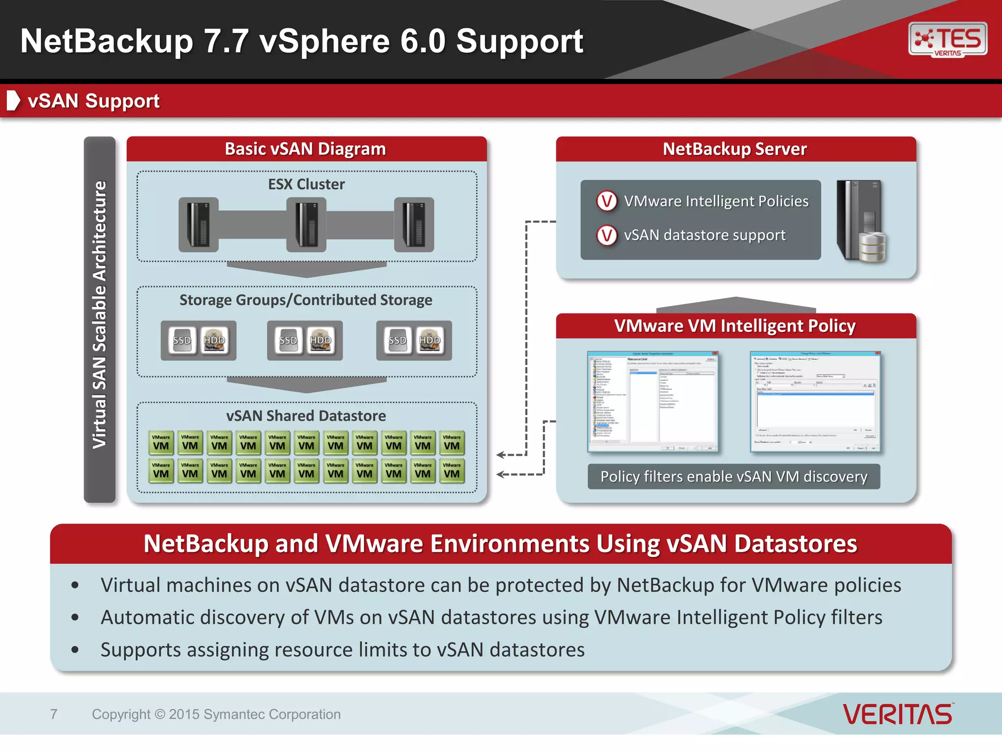 Copyright © 2015 Symantec Corporation7
NetBackup Server
VMware Intelligent Policies
vSAN datastore support
Basic vSAN Diagram
VMware VM Intelligent Policy
NetBackup and VMware Environments Using vSAN Datastores
• Virtual machines on vSAN datastore can be protected by NetBackup for VMware policies
• Automatic discovery of VMs on vSAN datastores using VMware Intelligent Policy filters
• Supports assigning resource limits to vSAN datastores
Policy filters enable vSAN VM discovery
VirtualSANScalableArchitecture
Storage Groups/Contributed Storage
vSAN Shared Datastore
ESX Cluster
NetBackup 7.7 vSphere 6.0 Support
vSAN Support
 