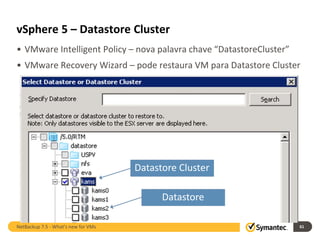 vSphere 5 – Datastore Cluster
• VMware Intelligent Policy – nova palavra chave “DatastoreCluster”
• VMware Recovery Wizard – pode restaura VM para Datastore Cluster




                                     Datastore Cluster

                                           Datastore

NetBackup 7.5 - What's new for VMs                                    61
 