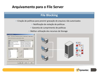 Arquivamento para o File Server

                              File Blocking
  • Criação de políticas para previnir gravação de arquivos não autorizados
                   • Notificação de violação de políticas
                  • Garantia de cumprimento de políticas
                • Melhor utilização dos recursos de Storage




                                                                                         
                                                                                          
                                                                                           



                                              Symantec Enterprise Vault Overview   ©2008 Symantec. All Rights Reserved.   83
 
