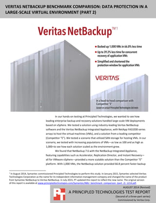 AUGUST 2014 (Revised)
A PRINCIPLED TECHNOLOGIES TEST REPORT
(Second of a three-part series)
Commissioned by Veritas Corp.
VERITAS NETBACKUP BENCHMARK COMPARISON: DATA PROTECTION IN A
LARGE-SCALE VIRTUAL ENVIRONMENT (PART 2)
In1
our hands-on testing at Principled Technologies, we wanted to see how
leading enterprise backup and recovery solutions handled large-scale VM deployments
based on vSphere. We tested a solution using industry-leading Veritas NetBackup
software and the Veritas NetBackup Integrated Appliance, with NetApp FAS3200-series
arrays to host the virtual machines (VMs), and a solution from a leading competitor
(Competitor “E”). We tested a scenario that utilized SAN storage for hosting VMs. In our
scenario, we tested with increasing populations of VMs—as low as 100 and as high as
1,000–to see how each solution scaled as the environment grew.
We found that NetBackup 7.6 with the NetBackup Integrated Appliance,
featuring capabilities such as Accelerator, Replication Director, and Instant Recovery—
all for VMware vSphere—provided a more scalable solution than the Competitor “E”
platform. With 1,000 VMs, the NetBackup solution provided 66.8 percent faster backup
1
In August 2014, Symantec commissioned Principled Technologies to perform this study. In January 2015, Symantec selected Veritas
Technologies Corporation as the name for its independent information management company and changed the name of the product
from Symantec NetBackup to Veritas NetBackup. In July 2015, PT updated this report to reflect the new name. The original version
of this report is available at www.principledtechnologies.com/Symantec/NBU_benchmark_comparison_(part_2)_1214.pdf.
 