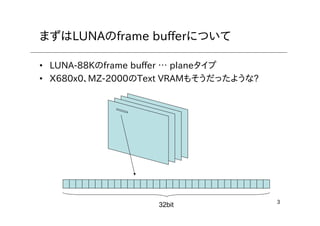 3
まずはLUNAのframe bufferについて
• LUNA-88Kのframe buffer … planeタイプ
• X680x0、MZ-2000のText VRAMもそうだったような?
32bit
 