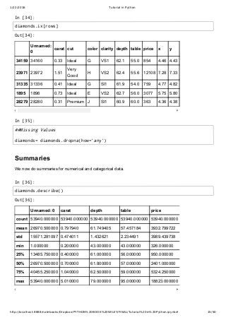 1/22/2016 Tutorial in Python
http://localhost:8888/notebooks/Dropbox/PYTHON%20BOOK%20WILEY/FINAL/Tutorial%20in%20Python.ipynb# 15/50
In [34]:
In [35]:
Summaries
We now do summaries for numerical and categorical data.
In [36]:
Out[34]:
Unnamed:
0
carat cut color clarity depth table price x y z
34159 34160 0.33 Ideal G VS1 62.1 55.0 854 4.46 4.43 2.76
23971 23972 1.51
Very
Good
H VS2 62.4 55.6 12108 7.28 7.33 4.56
31335 31336 0.41 Ideal G SI1 61.9 54.0 759 4.77 4.82 2.97
1895 1896 0.73 Ideal E VS2 62.7 56.0 3077 5.75 5.80 3.62
28279 28280 0.31 Premium J SI1 60.9 60.0 363 4.36 4.38 2.66
Out[36]:
Unnamed: 0 carat depth table price x
count 53940.000000 53940.000000 53940.000000 53940.000000 53940.000000 53940.000000
mean 26970.500000 0.797940 61.749405 57.457184 3932.799722 5.731157
std 15571.281097 0.474011 1.432621 2.234491 3989.439738 1.121761
min 1.000000 0.200000 43.000000 43.000000 326.000000 0.000000
25% 13485.750000 0.400000 61.000000 56.000000 950.000000 4.710000
50% 26970.500000 0.700000 61.800000 57.000000 2401.000000 5.700000
75% 40455.250000 1.040000 62.500000 59.000000 5324.250000 6.540000
max 53940.000000 5.010000 79.000000 95.000000 18823.000000 10.740000
diamonds.ix[rows]
##Missing Values
diamonds= diamonds.dropna(how='any')
diamonds.describe()
 