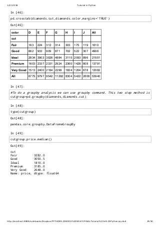 1/22/2016 Tutorial in Python
http://localhost:8888/notebooks/Dropbox/PYTHON%20BOOK%20WILEY/FINAL/Tutorial%20in%20Python.ipynb# 19/50
In [46]:
In [47]:
In [48]:
In [49]:
Out[46]:
color D E F G H I J All
cut
Fair 163 224 312 314 303 175 119 1610
Good 662 933 909 871 702 522 307 4906
Ideal 2834 3903 3826 4884 3115 2093 896 21551
Premium 1603 2337 2331 2924 2360 1428 808 13791
Very Good 1513 2400 2164 2299 1824 1204 678 12082
All 6775 9797 9542 11292 8304 5422 2808 53940
Out[48]:
pandas.core.groupby.DataFrameGroupBy
Out[49]:
cut
Fair 3282.0
Good 3050.5
Ideal 1810.0
Premium 3185.0
Very Good 2648.0
Name: price, dtype: float64
pd.crosstab(diamonds.cut,diamonds.color,margins='TRUE')
#To do a groupby analysis we can use groupby command. This two step method is more
cutgroup=pd.groupby(diamonds,diamonds.cut)
type(cutgroup)
cutgroup.price.median()
 