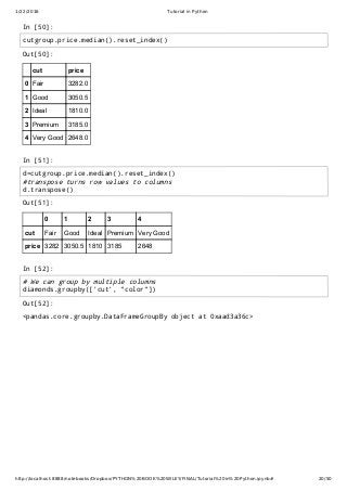 1/22/2016 Tutorial in Python
http://localhost:8888/notebooks/Dropbox/PYTHON%20BOOK%20WILEY/FINAL/Tutorial%20in%20Python.ipynb# 20/50
In [50]:
In [51]:
In [52]:
Out[50]:
cut price
0 Fair 3282.0
1 Good 3050.5
2 Ideal 1810.0
3 Premium 3185.0
4 Very Good 2648.0
Out[51]:
0 1 2 3 4
cut Fair Good Ideal Premium Very Good
price 3282 3050.5 1810 3185 2648
Out[52]:
<pandas.core.groupby.DataFrameGroupBy object at 0xaad3a36c>
cutgroup.price.median().reset_index()
d=cutgroup.price.median().reset_index()
#transpose turns row values to columns
d.transpose()
# We can group by multiple columns
diamonds.groupby(['cut', "color"])
 