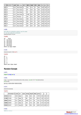 1/22/2016 Tutorial in Python
http://localhost:8888/notebooks/Dropbox/PYTHON%20BOOK%20WILEY/FINAL/Tutorial%20in%20Python.ipynb# 4/50
In [9]:
In [10]:
In [11]:
We will use diamond Dataset bundled with R language from
https://vincentarelbundock.github.io/Rdatasets/datasets.html
(https://vincentarelbundock.github.io/Rdatasets/datasets.html)
In [12]:
In [13]:
So we got a rough estimate for the time it took for code execution through the datetime.timedelta object
above. Also read_csv is just one of the many convenient ways we can read data through the pandas
library in Python. However Python lacks R's lubridate (for easier date­ time manipulation) as well as
data.table package in R which makes import and manipulation faster.
In [14]:
Out[9]:
['adult.data.txt']
Out[11]:
32561
Out[13]:
datetime.timedelta(0, 5, 689405)
Out[14]:
pandas.core.frame.DataFrame
a=os.getcwd()
os.listdir(a)
adult=pd.read_csv("adult.data.txt",header=None)
len(adult)
diamonds =pd.read_csv("https://vincentarelbundock.github.io/Rdatasets/csv/ggplot2/d
datetime.now()- Starttime
type(diamonds) #this works just like class(object) in R
 