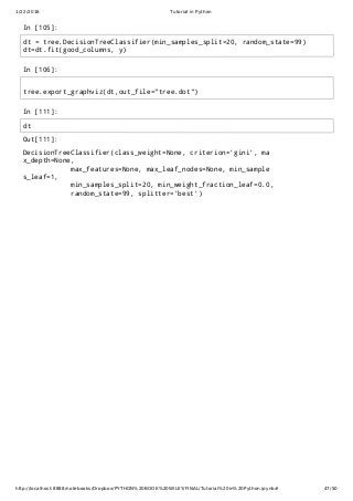 1/22/2016 Tutorial in Python
http://localhost:8888/notebooks/Dropbox/PYTHON%20BOOK%20WILEY/FINAL/Tutorial%20in%20Python.ipynb# 47/50
In [105]:
In [106]:
In [111]:
Out[111]:
DecisionTreeClassifier(class_weight=None, criterion='gini', ma
x_depth=None,
max_features=None, max_leaf_nodes=None, min_sample
s_leaf=1,
min_samples_split=20, min_weight_fraction_leaf=0.0,
random_state=99, splitter='best')
dt = tree.DecisionTreeClassifier(min_samples_split=20, random_state=99)
dt=dt.fit(good_columns, y)
tree.export_graphviz(dt,out_file="tree.dot")
dt
 