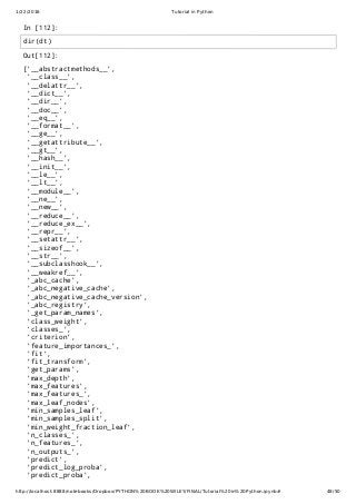 1/22/2016 Tutorial in Python
http://localhost:8888/notebooks/Dropbox/PYTHON%20BOOK%20WILEY/FINAL/Tutorial%20in%20Python.ipynb# 48/50
In [112]:
Out[112]:
['__abstractmethods__',
'__class__',
'__delattr__',
'__dict__',
'__dir__',
'__doc__',
'__eq__',
'__format__',
'__ge__',
'__getattribute__',
'__gt__',
'__hash__',
'__init__',
'__le__',
'__lt__',
'__module__',
'__ne__',
'__new__',
'__reduce__',
'__reduce_ex__',
'__repr__',
'__setattr__',
'__sizeof__',
'__str__',
'__subclasshook__',
'__weakref__',
'_abc_cache',
'_abc_negative_cache',
'_abc_negative_cache_version',
'_abc_registry',
'_get_param_names',
'class_weight',
'classes_',
'criterion',
'feature_importances_',
'fit',
'fit_transform',
'get_params',
'max_depth',
'max_features',
'max_features_',
'max_leaf_nodes',
'min_samples_leaf',
'min_samples_split',
'min_weight_fraction_leaf',
'n_classes_',
'n_features_',
'n_outputs_',
'predict',
'predict_log_proba',
'predict_proba',
dir(dt)
 