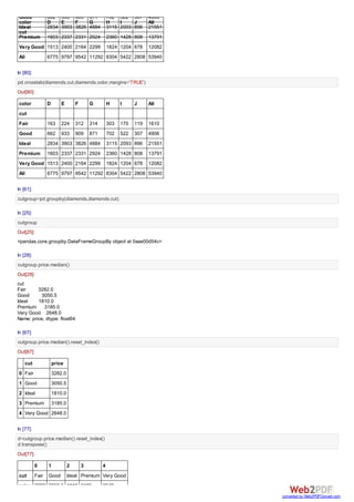 1/22/2016 Tutorial in Python
http://localhost:8888/notebooks/Dropbox/PYTHON%20BOOK%20WILEY/FINAL/Tutorial%20in%20Python.ipynb# 7/50
In [21]:
<class 'pandas.core.frame.DataFrame'>
Int64Index: 53940 entries, 0 to 53939
Data columns (total 11 columns):
Unnamed: 0 53940 non-null int64
carat 53940 non-null float64
cut 53940 non-null object
color 53940 non-null object
clarity 53940 non-null object
depth 53940 non-null float64
table 53940 non-null float64
price 53940 non-null int64
x 53940 non-null float64
y 53940 non-null float64
z 53940 non-null float64
dtypes: float64(6), int64(2), object(3)
memory usage: 4.3+ MB
'''Lets get some information on the object.
This was a multiple line comment using three single quote marks
'''
diamonds.info()
 