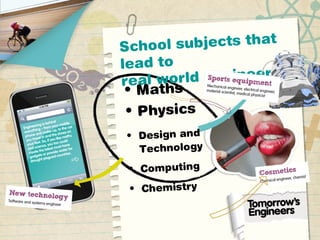 School subjects that
lead to
real world engineering
• Maths
• Physics
• Design and
Technology
• Computing
• Chemistry
 