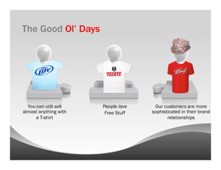 The Good Ol’ Days




  You can still sell   People love    Our customers are more
almost anything with    Free Stuff   sophisticated in their brand
      a T-shirt                             relationships
 