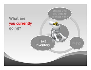 Decide who
                             you want to
                            connect with?
What are
you currently
doing?


                  Take                      Engage
                Inventory
 