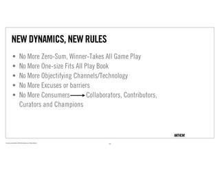 NEW DYNAMICS, NEW RULES
               •                No More Zero-Sum, Winner-Takes All Game Play
               •                No More One-size Fits All Play Book
               •                No More Objectifying Channels/Technology
               •                No More Excuses or barriers
               •                No More Consumers          Collaborators, Contributors,
                                Curators and Champions



Proprietary and Confidential ©2010 Real Branding, Inc. All Rights Reserved
                                                                             11
 