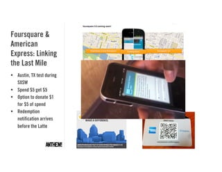 Foursquare &
American
Express: Linking
the Last Mile
• Austin, TX test during
  SXSW
• Spend $5 get $5
• Option to donate $1
  for $5 of spend
• Redemption
  notification arrives
  before the Latte
 