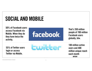 SOCIAL AND MOBILE
                  50% of Facebook users
                                                                                 That’s 350 million
                  access Facebook via
                                                                                 people of 700 million
                  Mobile. When they do
                                                                                 Facebook users
                  they have twice the
                                                                                 globally, btw.
                  activity.

                                                                                 100 million active
                   55% of Twitter users                                          users and 400
                   login or access                                               million unique reach
                   Twitter via Mobile.                                           each month

Proprietary and Confidential ©2010 Real Branding, Inc. All Rights Reserved
                                                                             5
 