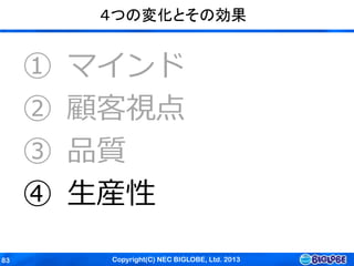 Copyright(C) NEC BIGLOBE, Ltd. 201383
４つの変化とその効果
① マインド
② 顧客視点
③ 品質
④ 生産性
 