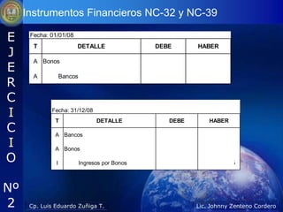 Instrumentos Financieros NC-32 y NC-39

E     Fecha: 01/01/08


J
       T                DETALLE                  DEBE           HABER


E
       A Bonos                                    850


R
       A           Bancos                                          850


C
I            Fecha: 31/12/08
               T                  DETALLE           DEBE            HABER
C             A Bancos                                     60
I             A Bonos                                      25
O              I            Ingresos por Bonos                              85



Nº
2     Cp. Luis Eduardo Zuñiga T.                                Lic. Johnny Zenteno Cordero
 
