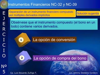 Instrumentos Financieros NC-32 y NC-39

E    Separación de un instrumento financiero compuesto
     por múltiples derivados implícitos
                                                          Solución sugerida
J
E     Obsérvese que el instrumento compuesto (el bono en un
      todo) contiene varios derivados.
R
C
I              1            La opción de conversión
C
I
O               2            La opción de compra del bono

Nº
5     Cp. Luis Eduardo Zuñiga T.                   Lic. Johnny Zenteno Cordero
 
