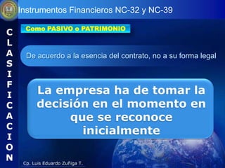 Instrumentos Financieros NC-32 y NC-39

      Como PASIVO o PATRIMONIO
C
L
A     De acuerdo a la esencia del contrato, no a su forma legal
S
I
F
I         La empresa ha de tomar la
C         decisión en el momento en
A              que se reconoce
C
I
                 inicialmente
O
N    Cp. Luis Eduardo Zuñiga T.
 