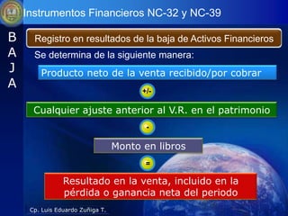 Instrumentos Financieros NC-32 y NC-39

B     Registro en resultados de la baja de Activos Financieros
A     Se determina de la siguiente manera:
J       Producto neto de la venta recibido/por cobrar
A                                       +/-

      Cualquier ajuste anterior al V.R. en el patrimonio
                                         -

                                  Monto en libros
                                         =

                Resultado en la venta, incluido en la
                pérdida o ganancia neta del periodo
     Cp. Luis Eduardo Zuñiga T.
 
